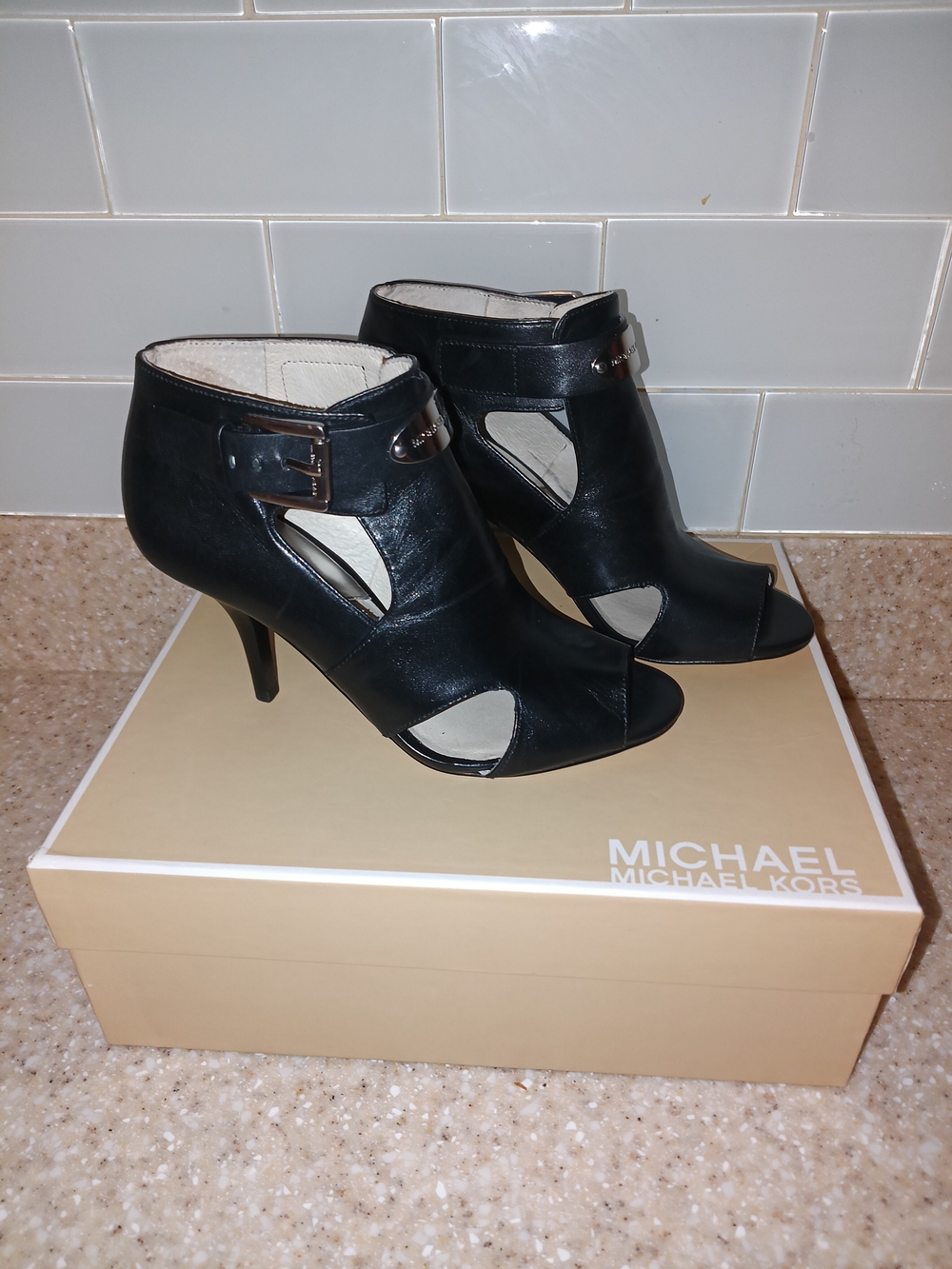 MICHAEL Michael Kors Black Cutout Peep-Toe Ankle Boots